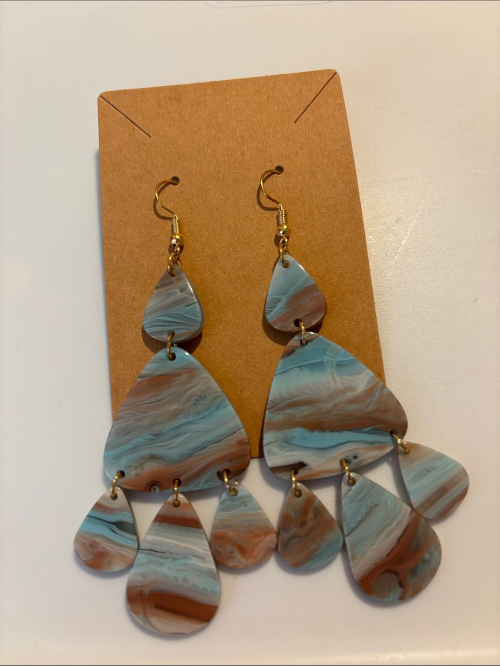 Fashion Jewelry Blue and Brown Marbled Multi-Teardrop Dangle Earrings
